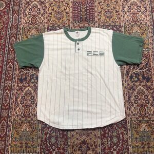 VTG 00s Badger Sport Green White Pinstripe Henley Baseball Jersey Shirt Size L